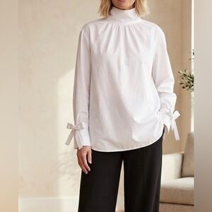 Van Laack white high neck back button blouse, long sleeve with ties elegant lg